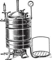 autoclave o digestor usado para esterilizante por vapor debajo presión, Clásico grabado. vector