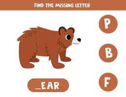 Find missing letter with cartoon grizzly bear. Spelling worksheet. vector