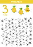 Find and dot number three. Learning number 3 with cute pineapples. Educational worksheet. vector