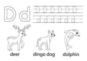 Trace uppercase and lowercase letter D. Animal alphabet for kids. vector