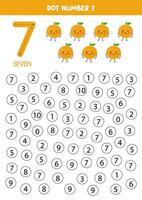 Find and dot number seven. Learning number 7 with cute oranges. Educational worksheet. vector