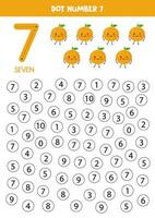 Find and dot number seven. Learning number 7 with cute oranges. Educational worksheet. vector