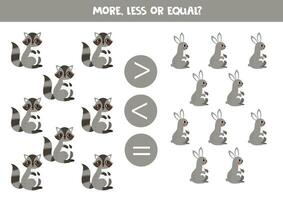Grater, less or equal with cartoon raccoons and hares. vector