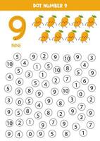 Find and dot number nine. Learning number 9 with cute mangos. Educational worksheet. vector