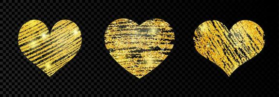 Set of three heart with golden glittering scribble paint on dark background. Background with gold sparkles and glitter effect. Empty space for your text. Vector illustration