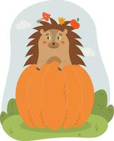 Vector illustration in cartoon style, hedgehog in a pumpkin with mushrooms and apple