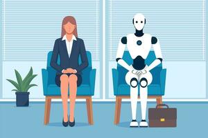 negocio mujer y ai robot esperando para un trabajo entrevista en oficina. futuro de empleado o oficina trabajadores será ser un colaboración Entre humanos y artificial inteligencia.plana vector ilustración.