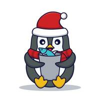 Cute Penguin Holding a Bucket of Fish Vector Cartoon Illustration Isolated On White Background