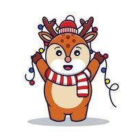 Cute Reindeer With Christmas Lights Vector Cartoon Illustration Isolated On White Background