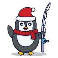 Cute Penguin Holding a Fishing Rod Vector Cartoon Illustration Isolated On White Background