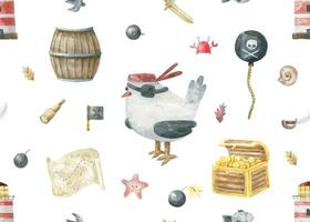 Pirate seamless pattern with seagull, treasure and map. Cute background for children's things and nursery design vector