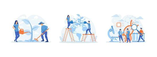 World Environment Day, people grow plants, biotechnology DNA research. Bio technology set flat vector modern illustration