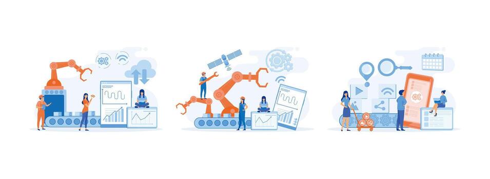inteligente fábrica. usuario conectando con un tableta, cargando un inteligente teléfono y compartiendo medios de comunicación datos con un sistema. inteligente industria conjunto plano vector moderno ilustración