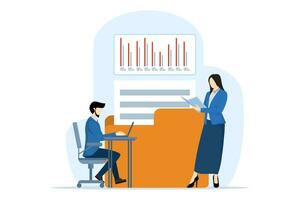 concept of statistics and data analysis for business financial investment with team of business people working on monitor graph dashboard, flat vector illustration on white background.