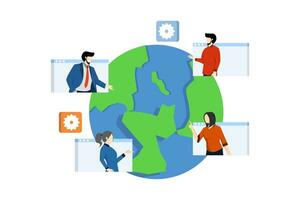 concept of human relations, world business, and networking, network of business people, global connection by connecting people orbiting around the world. vector flat illustration on white background.