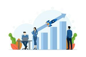 profit concept, startup manager analyzes sales growth graph. Group of workers with stacks of cash, rockets, bar chart with arrows and stacks of money. For business success, marketing. vector