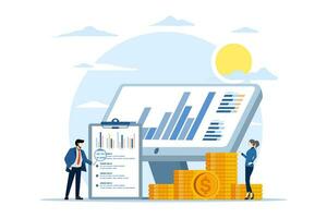 business and financial analyst, business audit, growth and results, finance. Businessman with computer looking at graphs to analyze growth, Statistics. monitor financial and investment reports. vector