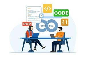 software desarrollo y operaciones programador práctica concepto, devops metodología, técnico apoyo, automatización proceso, software desarrollo y operaciones modelo vector plano ilustración.