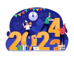 personas son cambiando el letra de el año en preparación para el nuevo año 2024. contento nuevo año concepto ilustración vector