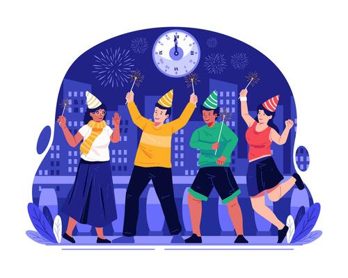 A Group of Happy People Is Setting off Fireworks to Celebrate New Years Eve. Happy New Year Concept Illustration