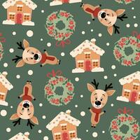 Christmas seamless pattern of deer, Christmas wreaths and gingerbread houses vector