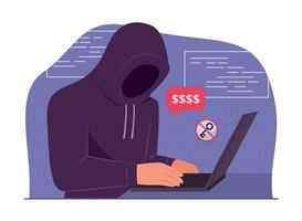 hacker hombre en capucha hackear ordenador portátil computadora para ciber crimen concepto ilustración vector