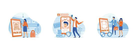 Face recognition.Data safety. Mobile phone users getting access to data after biometric checking. Face recognition set flat vector modern illustration