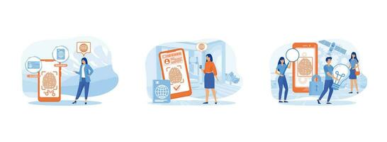 Biometric documents in smart phone app. Electronic identity card. Fingerprint screening security system. Biometric access set flat vector modern illustration