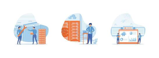 Data center. Technician works in server room racks. Business technology cloud computing service. Data center set flat vector modern illustration