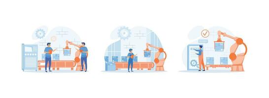 Smart industry.  works robotic arm. Engineer working with interactive interface. Smart industry set flat vector modern illustration