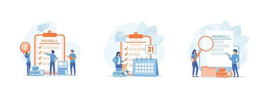 Salary payment.Payroll income. Examine payroll check. Payroll set flat vector modern illustration