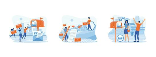 Correspondence deliver. Mail service. getting mail from mailbox. Mail service set flat vector modern illustration