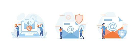 Protecting computer data, letter with shield, Internet data protection, business assets security. Email encryption set flat vector modern illustration