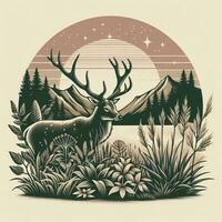 AI generated illustration of deer in nature. vintage emblem style. photo