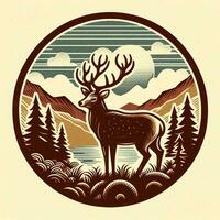 AI generated illustration of deer in nature. vintage emblem style. photo