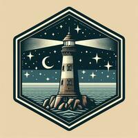 AI generated illustration of lightouse in night sea. vintage emblem style. photo