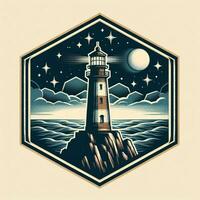 AI generated illustration of lightouse in night sea. vintage emblem style. photo