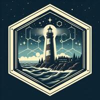 AI generated illustration of lightouse in night sea. vintage emblem style. photo