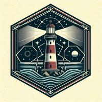 AI generated illustration of lightouse in night sea. vintage emblem style. photo