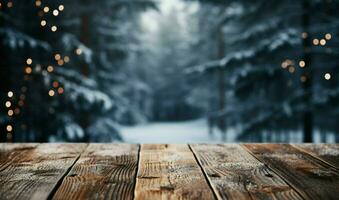 AI generated Empty Winter wood plank board Table With Snowfall AI Generated photo