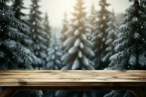 AI generated Empty Winter wood plank board Table With Snowfall AI Generated photo