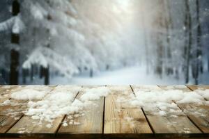 AI generated Empty Winter wood plank board Table With Snowfall AI Generated photo