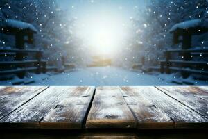 AI generated Empty Winter wood plank board Table With Snowfall AI Generated photo