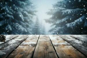 AI generated Empty Winter wood plank board Table With Snowfall AI Generated photo