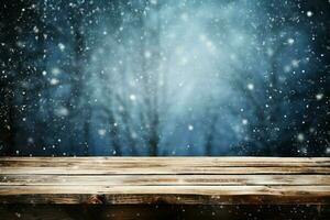 AI generated Empty Winter wood plank board Table With Snowfall AI Generated photo