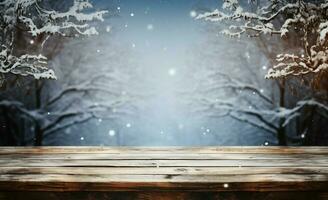 AI generated Empty Winter wood plank board Table With Snowfall AI Generated photo