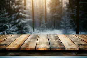 AI generated Empty Winter wood plank board Table With Snowfall AI Generated photo