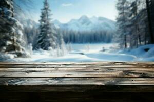 AI generated Empty Winter wood plank board Table With Snowfall AI Generated photo