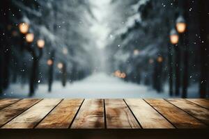 AI generated Empty Winter wood plank board Table With Snowfall AI Generated photo