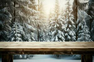 ai generado vacío invierno madera tablón tablero mesa con nevada ai generado foto